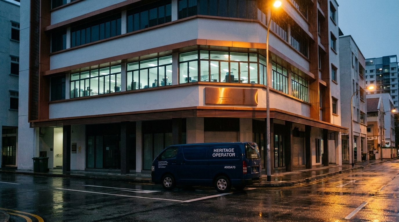 Singapore institutional commercial block exterior at dusk