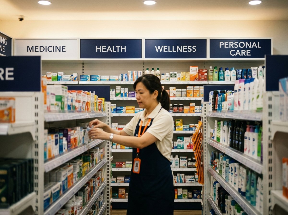 Pharmacy interior with navy and white wayfinding signage