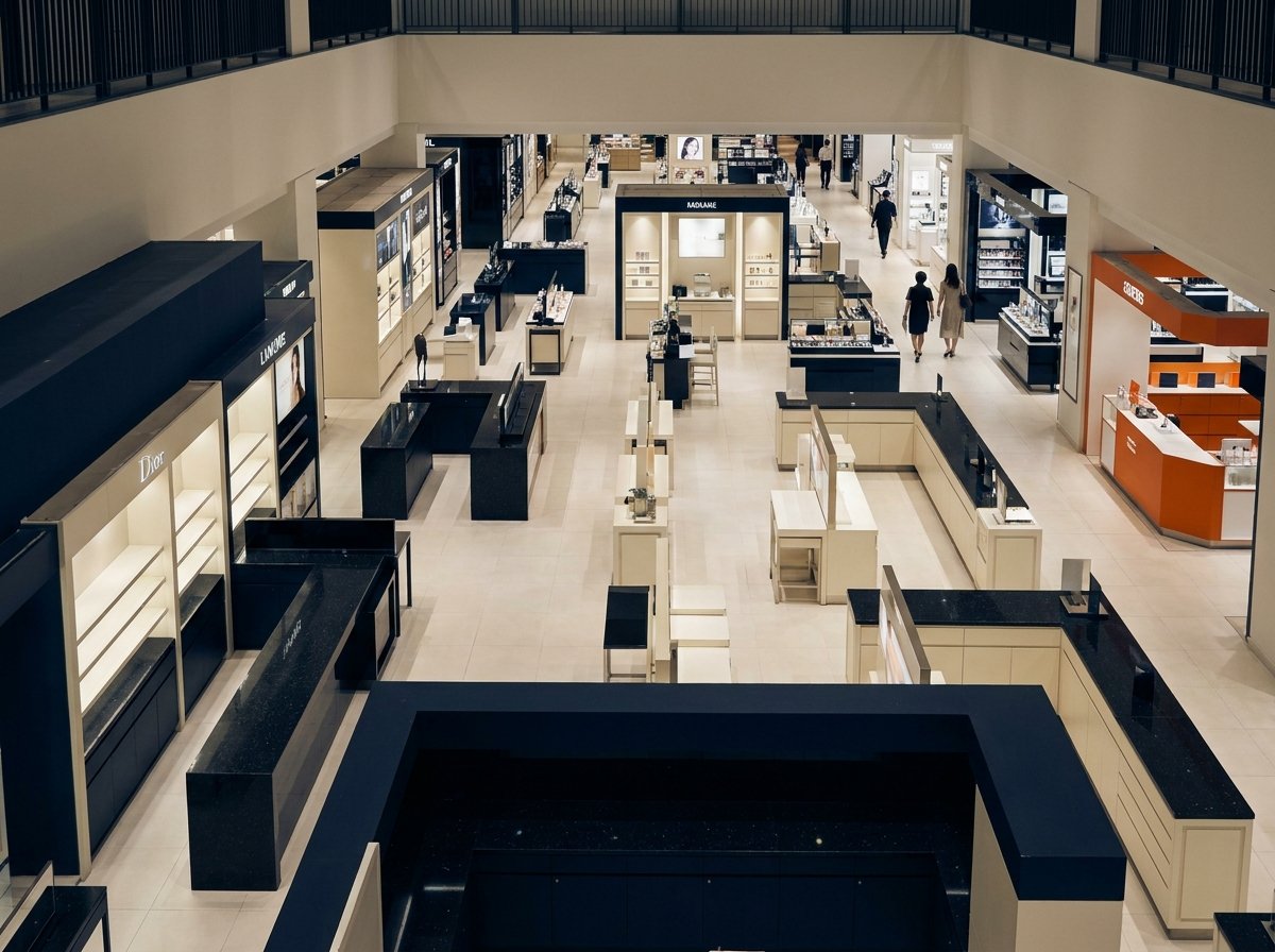 Department-store beauty hall seen from the second-floor balcony