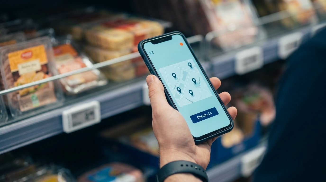 A field merchandiser holding a phone showing the EMR-Intel journey-plan map