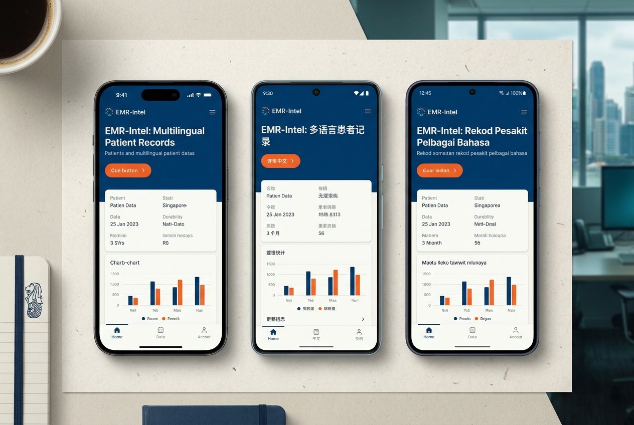 The EMR-Intel mobile app shown in English, Mandarin Chinese, and Bahasa Melayu side-by-side