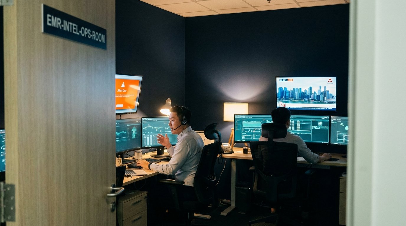 The Elitez ops room with operators monitoring live field-force activity on EMR-Intel dashboards