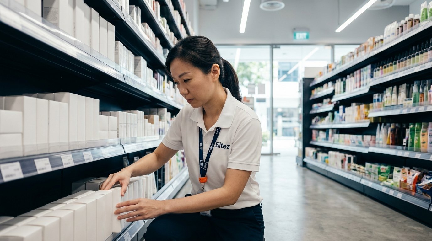 Elitez merchandiser restocking a beauty aisle in a Singapore supermarket