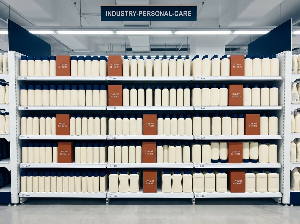 Household-care SKUs ranked in clean blocks across a supermarket aisle