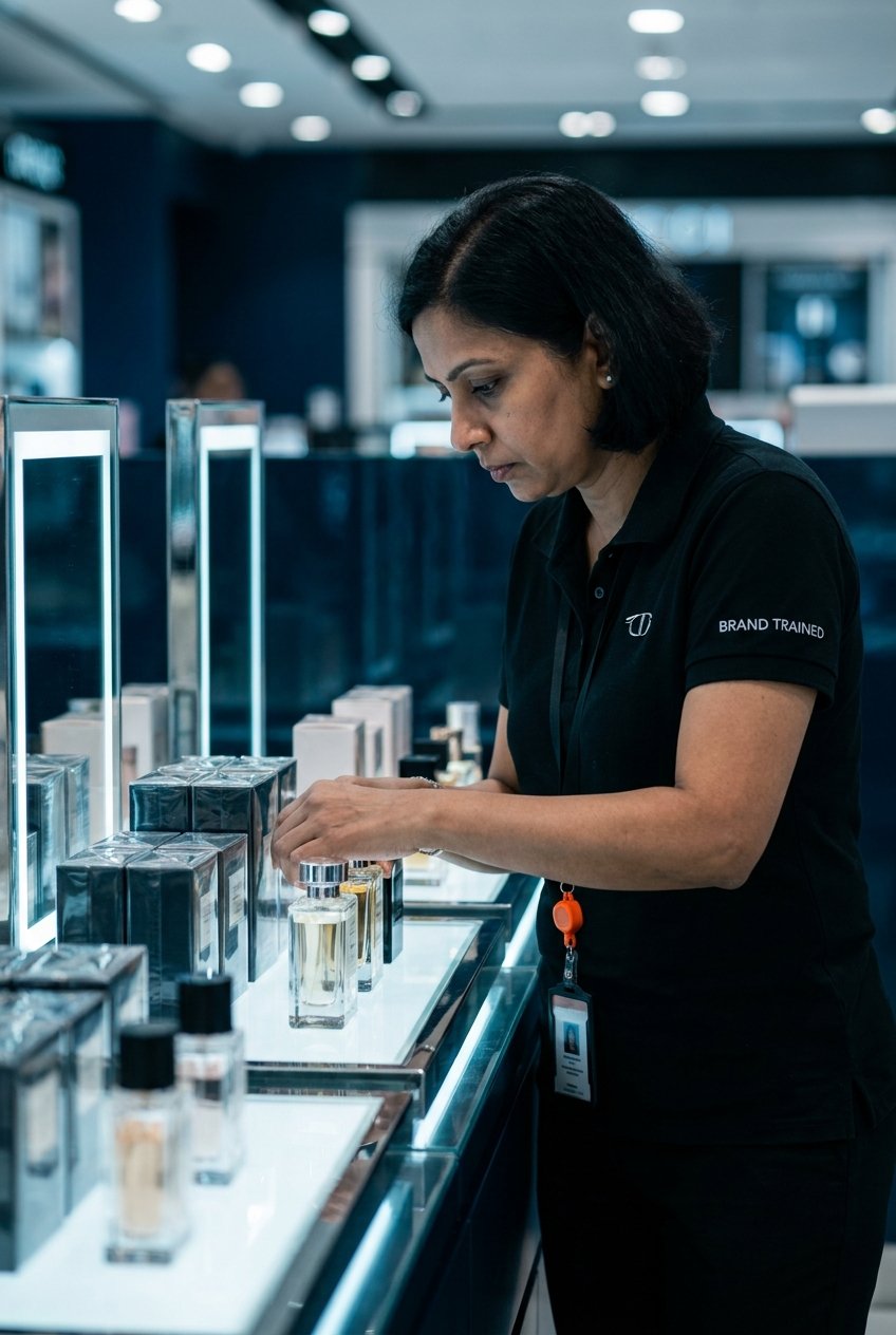 A merchandiser doing close work at a Singapore beauty counter