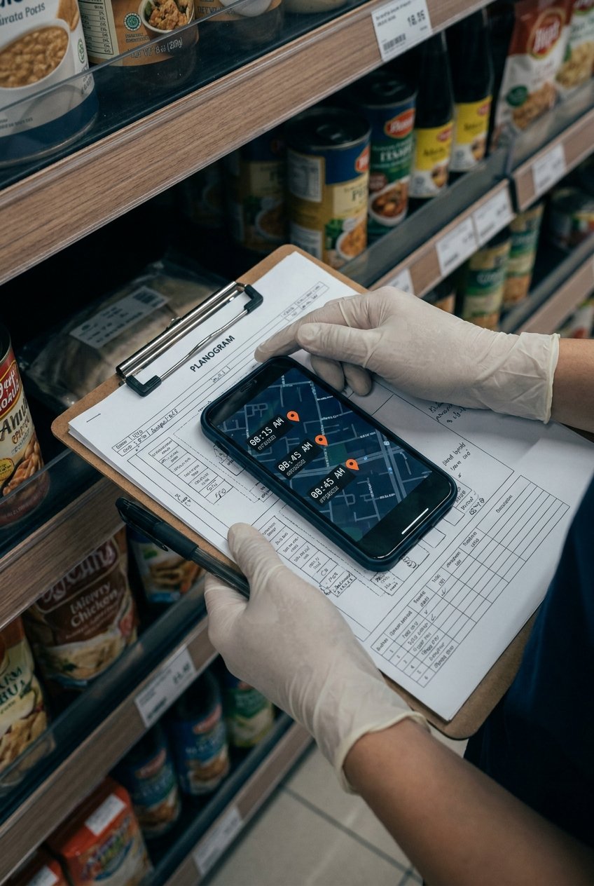 A merchandiser using the EMR-Intel mobile app at the shelf, with the supervisor dashboard mirrored in the background
