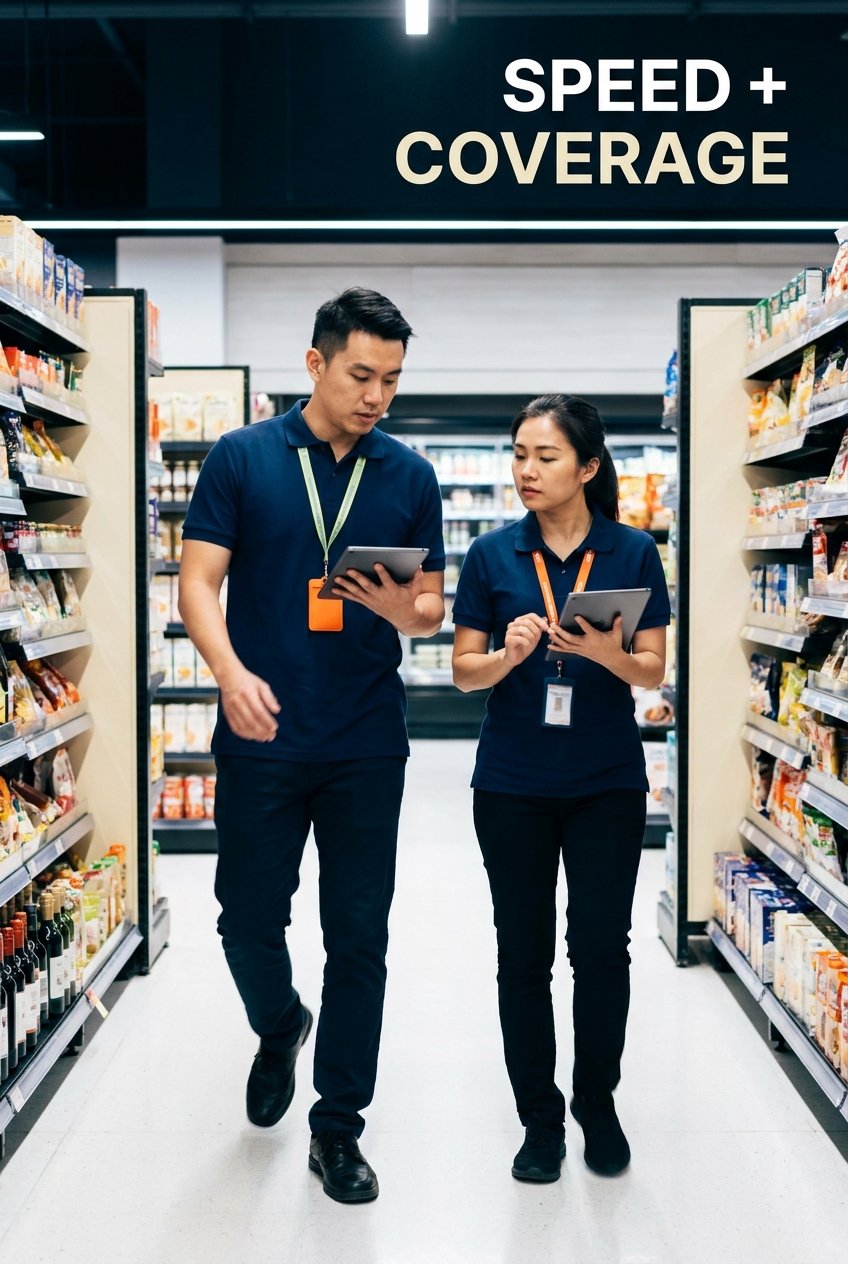Two merchandisers moving through a supermarket on shared coverage