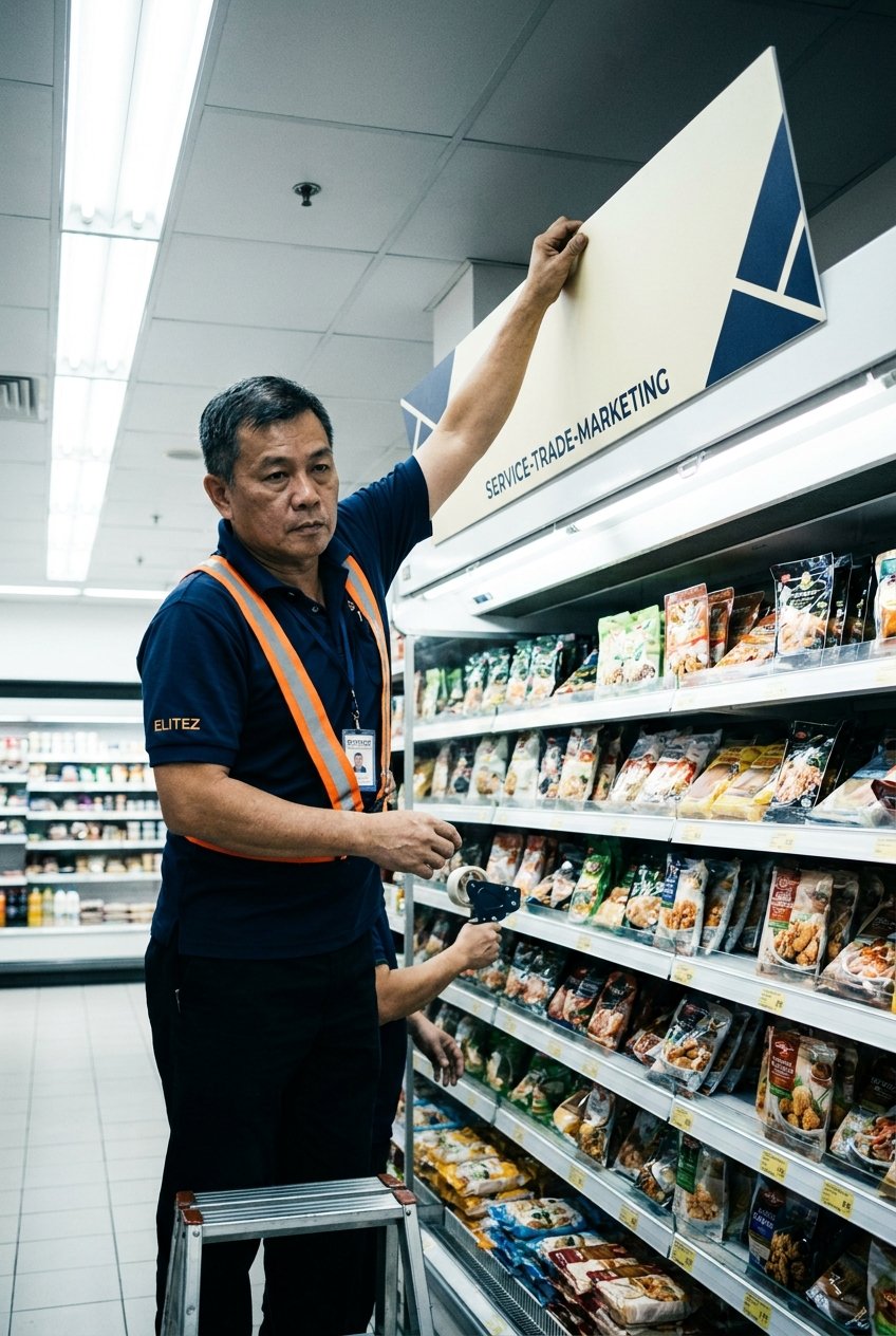 A merchandiser installing a POSM header on an end-cap secondary display